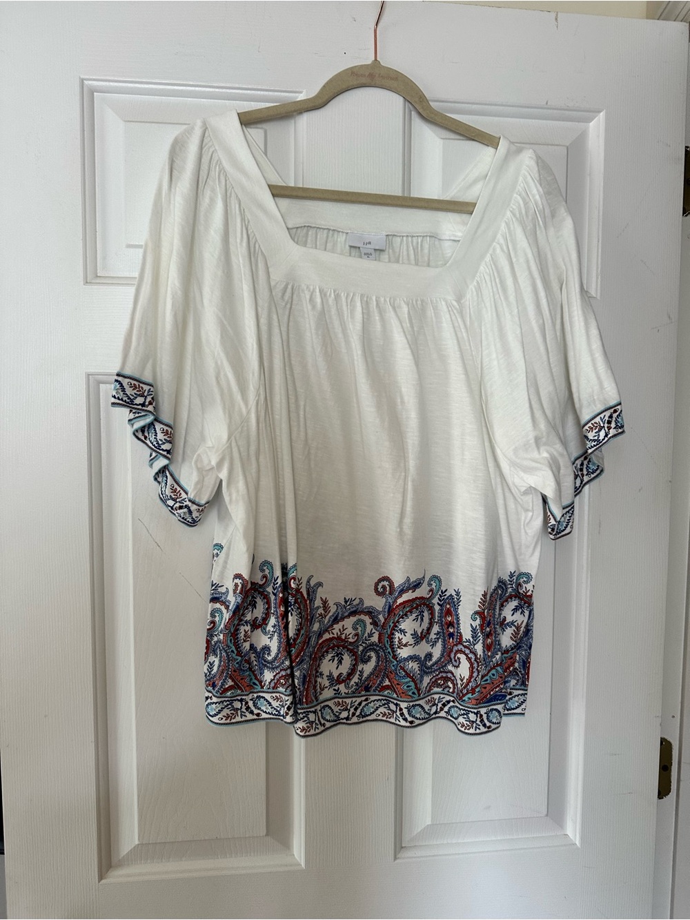 J. Jill White Square-Neck Tunic with Blue and Rust Paisley Border